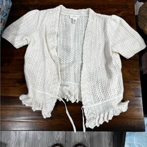 LOFT Cream Open-Knit Short Sleeve Tie-Front Cardigan